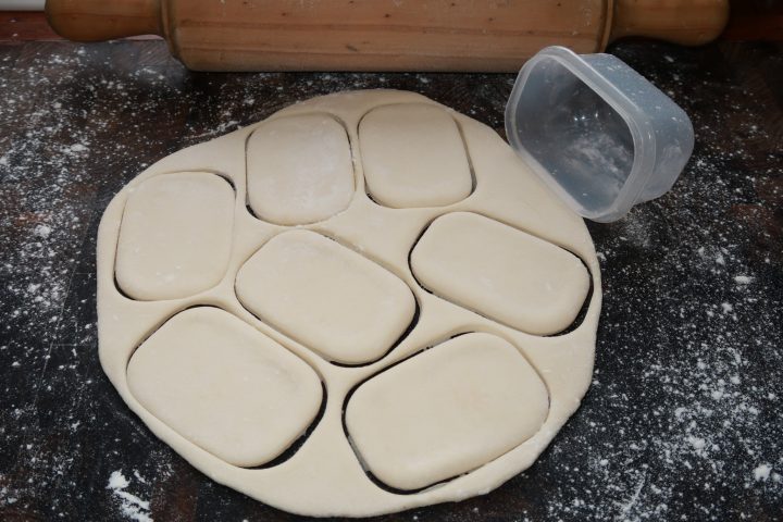 hardtack dough rolled out and cut into rectangles with a plastic tub