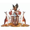 A shield has a line drawing of a woman taken from sacred aboriginal rock art. The woman is flanked by tribal motifs. Two red kangaroos support the shield and each holds a seashell. They are standing on a sandy mound and at their feet grows Sturt's desert rose. Atop is a crest showing a wedge tailed eagle perched on a carved symbol stone, below which is a wreath of silver and ochre.